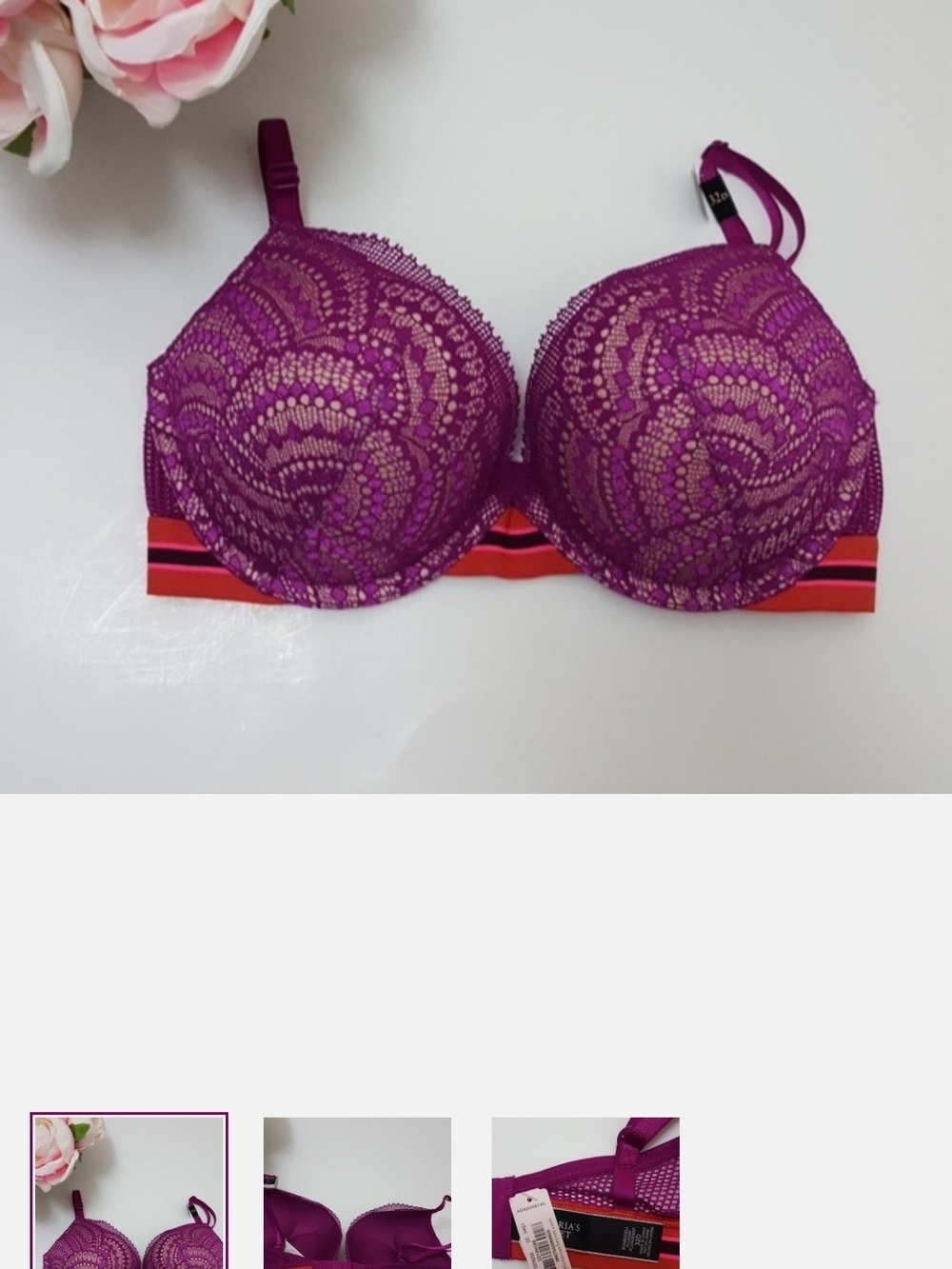 Victoria's Secret Lace Push-Up Bra in Magenta with Striped Band